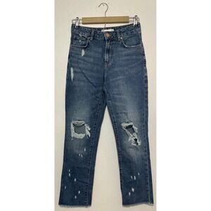 ZARA 1975 Denim High Rise‎ Distressed Straight Leg Jeans 2 Western Skater Indie